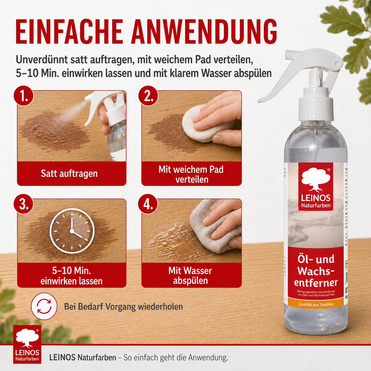 LEINOS Öl- und Wachs-Entferner 948 – Wasserbasiertes, Alkalisches Reinigungsmittel zur Effektiven Entfernung von Ölen & Wachsen auf Holz- und Metalloberflächen (0,25 L)