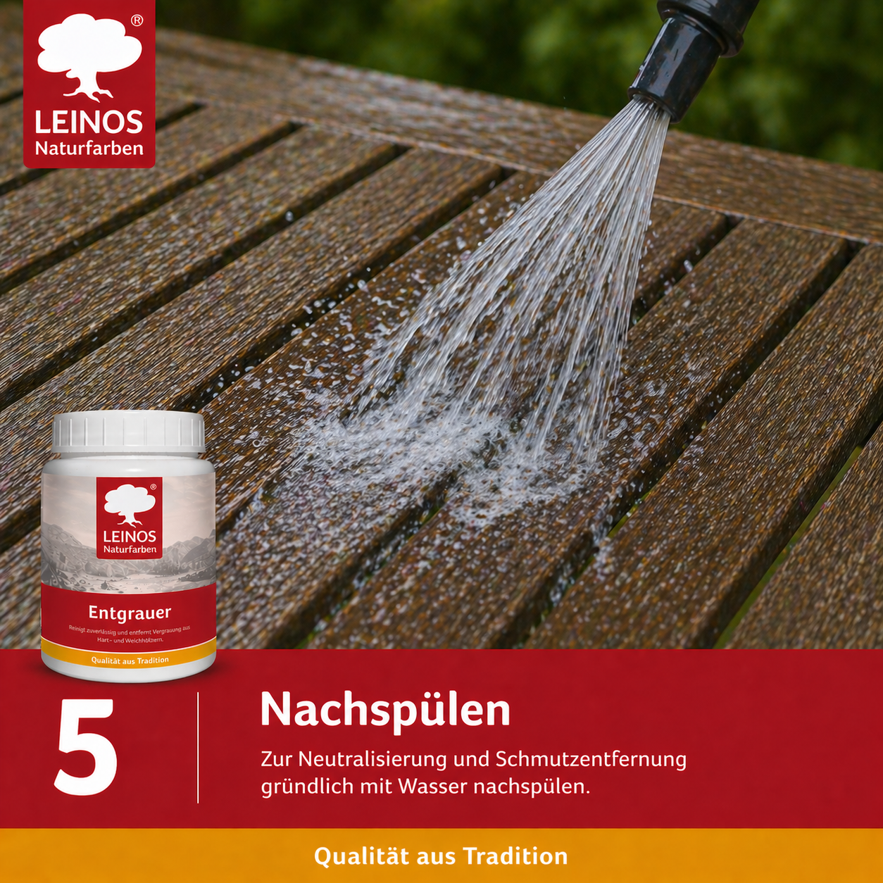 Leinos Entgrauer 0,5 Liter  für Holz-Gartenmöbel & Terrassenholz – Auftragen, einwirken lassen, abbürsten – effektive Reinigung & Auffrischung von Hart- und Weichholz