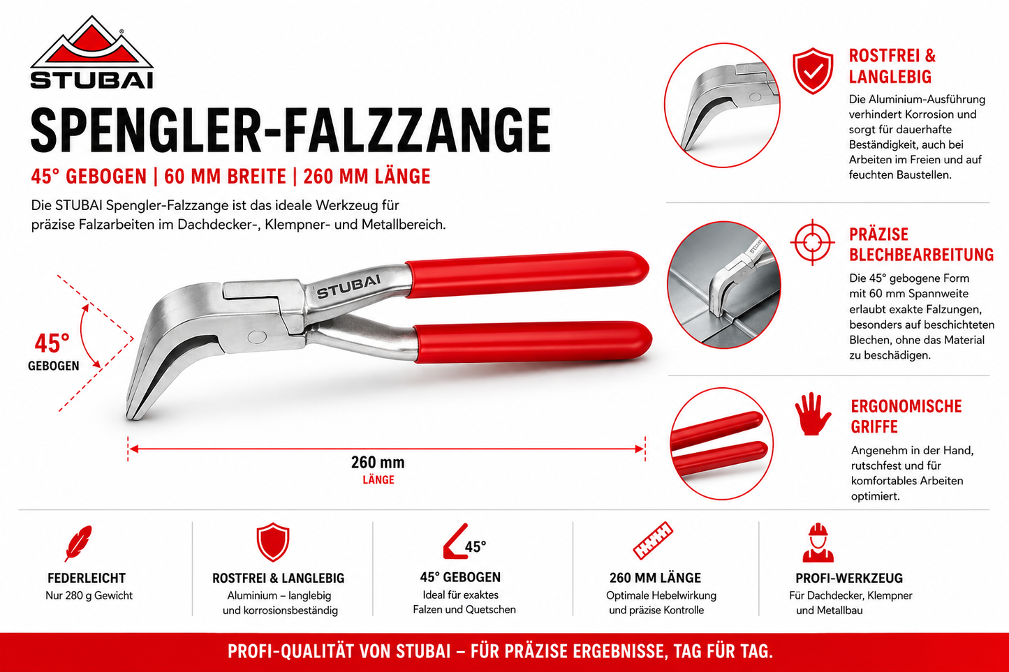STUBAI Spengler-Falzzange 45° gebogen 60 mm | Aluminium, federleicht & rostfrei | Ergonomische Blechzange nur 280 g | Profi-Werkzeug für Dachdecker, Klempner & Metallbau | 260 mm Länge, präzise Handhabung