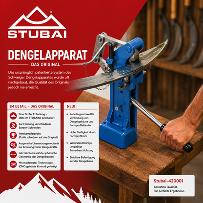 STUBAI Dengelapparat für Handbetrieb Original Sensendengelmaschine aus Tirol, professionelle Dengelmaschine für Sensen, robuste Stahlkonstruktion, präzise Dengelbacken, bewährte Qualität