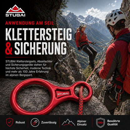 STUBAI Abseilachter groß – Sicherungsgerät aus Aluminium (109 g, 30 kN) – für Klettern, Bergsteigen, Canyoning, Höhenarbeit & Rettung – EN 15151-2 zertifiziert – rot eloxier