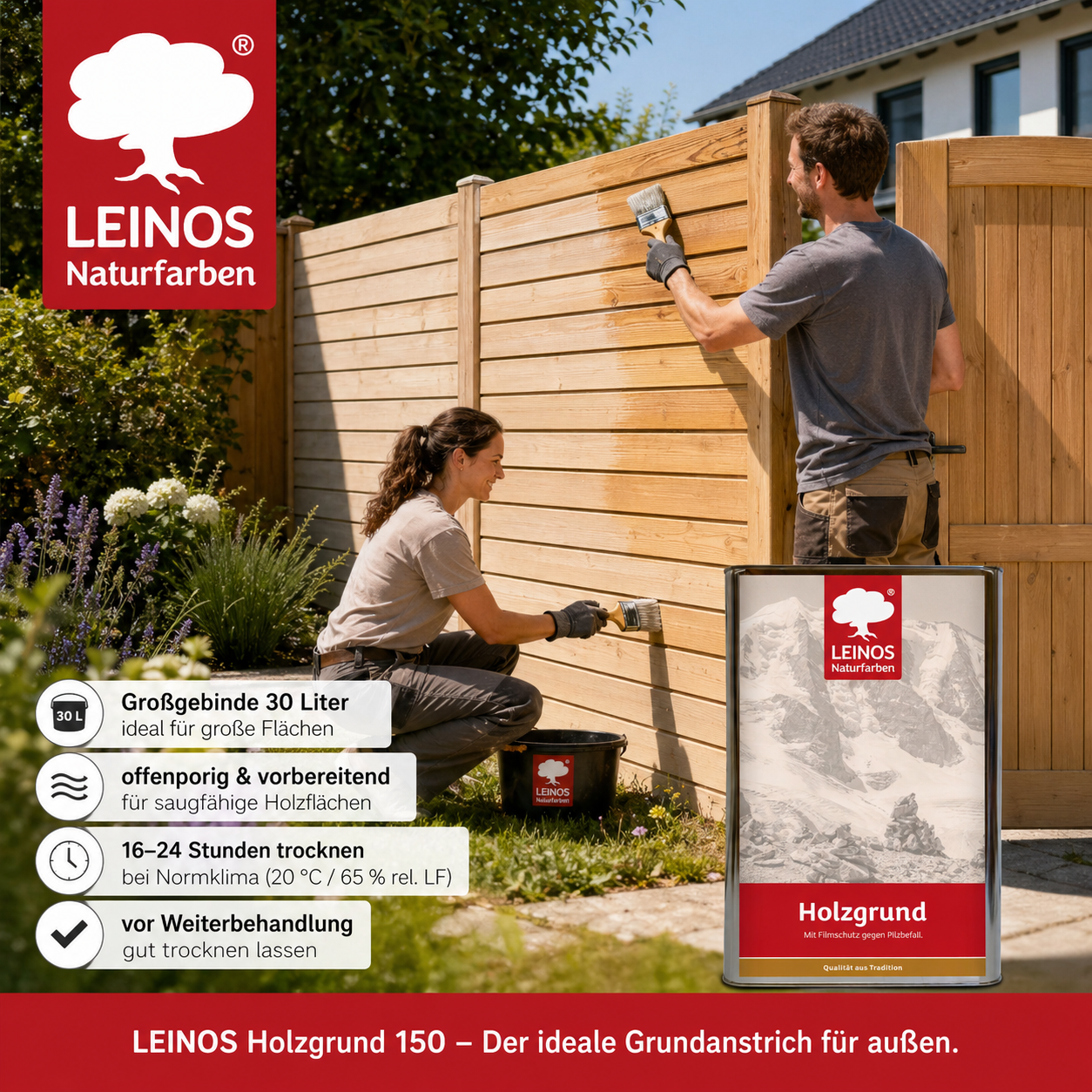 LEINOS 150 Holzgrund 30 l – offenporige Holzgrundierung für Lack- und Lasuranstriche außen, mit Filmschutz gegen Bläuebefall, tiefenwirksam, transparent-bräunlich, reicht bis ca. 144 m²