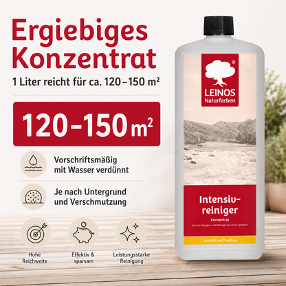 LEINOS Intensivreiniger 0,5 Liter – kraftvoller Holzreiniger für innen & außen – entfernt Schmutz, Algen & Pilze – für Terrassen, Zäune, Stein & Holz – hochkonzentriert & ergiebig