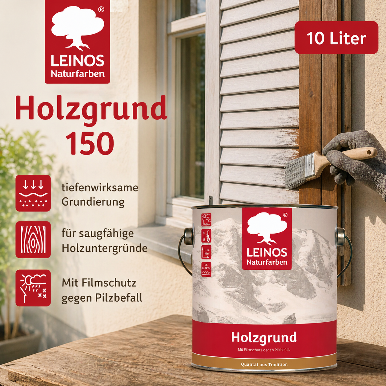 LEINOS 150 Holzgrund 10 l – offenporige Holzgrundierung für Lack- und Lasuranstriche außen, mit Filmschutz gegen Bläuebefall, tiefenwirksam, transparent-bräunlich, reicht bis ca. 144 m²
