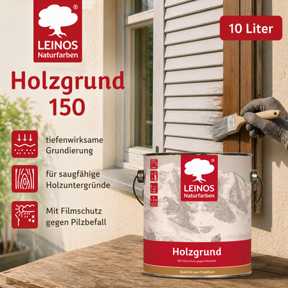 LEINOS 150 Holzgrund 10 l – offenporige Holzgrundierung für Lack- und Lasuranstriche außen, mit Filmschutz gegen Bläuebefall, tiefenwirksam, transparent-bräunlich, reicht bis ca. 144 m²