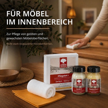 LEINOS Pflege-Set 915-1für geölte  und gewachste Möbeloberflächen je 0,1 Liter  | Lösemittelfreie, schnelle Einmalbehandlung oder -reperatur von nicht stark strapazierten Holzoberflächen