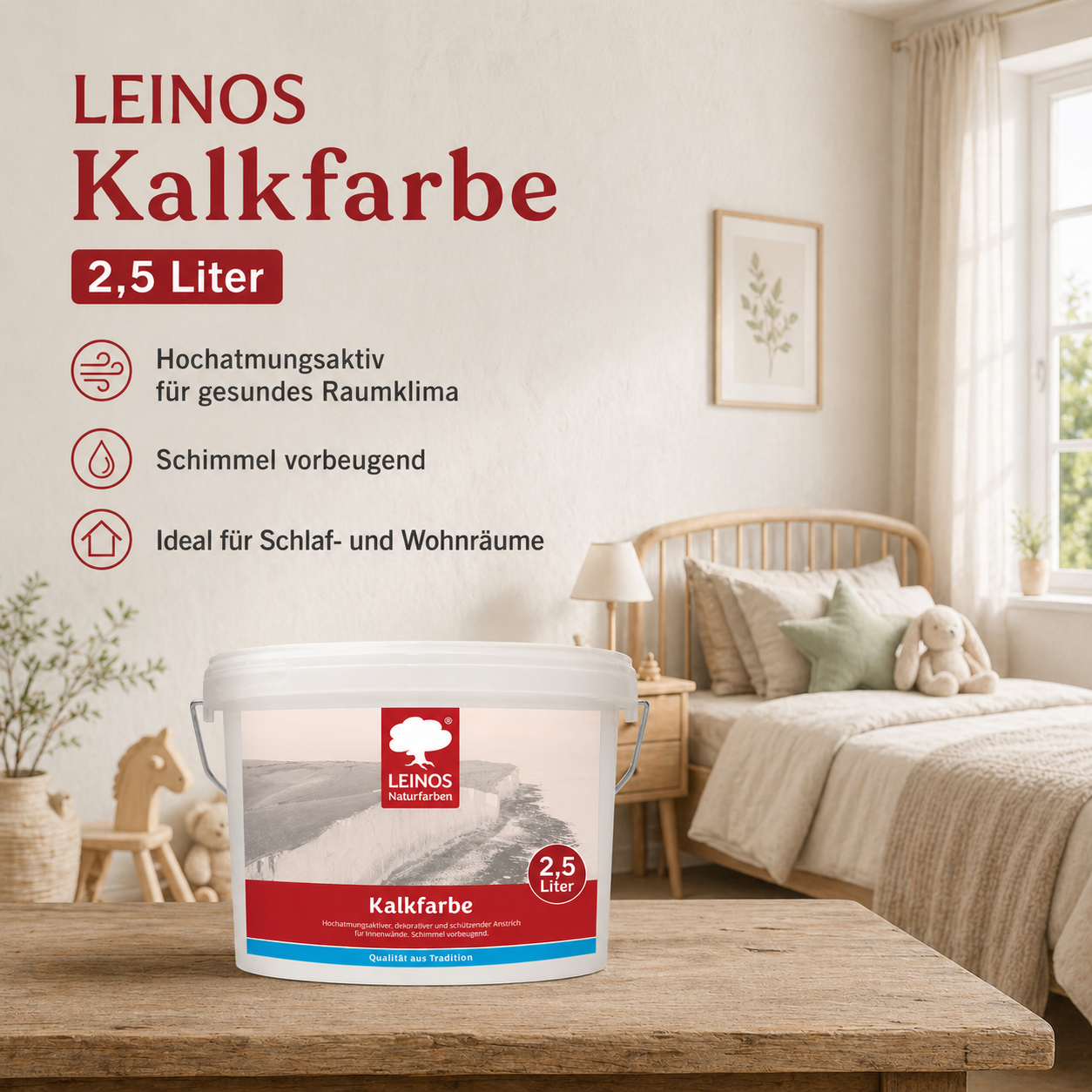 LEINOS Kalkfarbe 665 – Hochatmungsaktive Wandfarbe für Innen | Naturweiß, matt & mineralisch | Lösemittelfrei, schimmelvorbeugend, abtönbar | 2,5 L für ca. 16 m² | für mineralische Untergründe