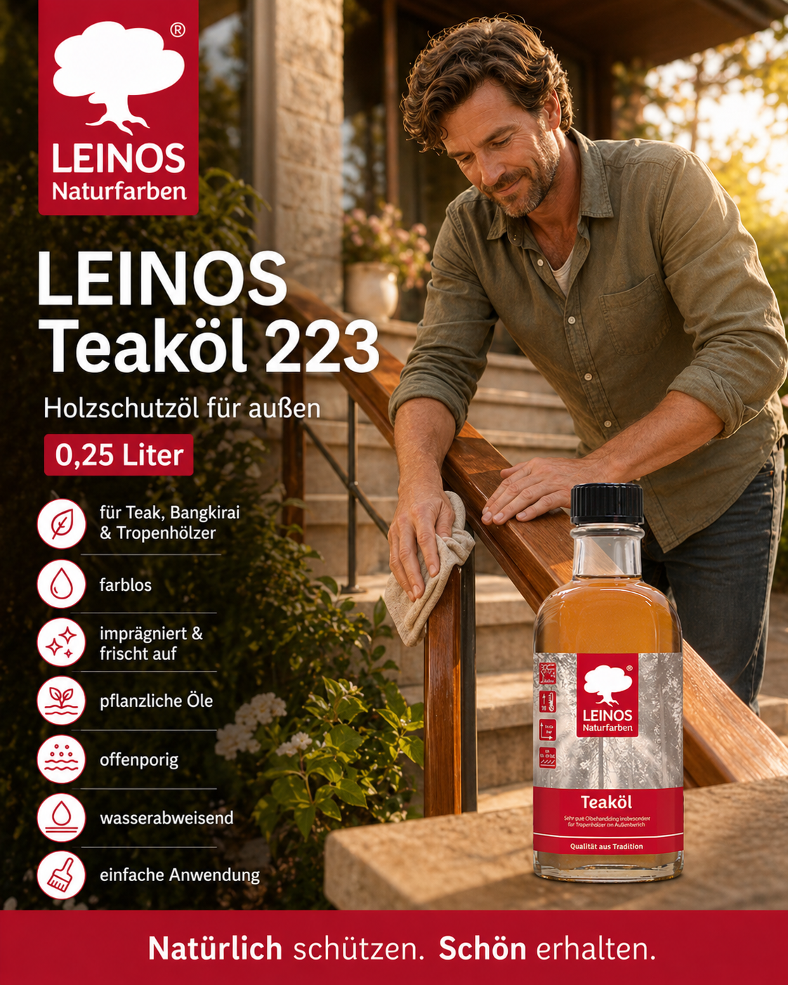 LEINOS Teaköl 223 – 0,25 Liter Holzschutzöl für außen, farblos, für Teak, Bangkirai & Tropenhölzer, imprägniert & frischt auf, pflanzliche Öle, offenporig, wasserabweisend, einfache Anwendung