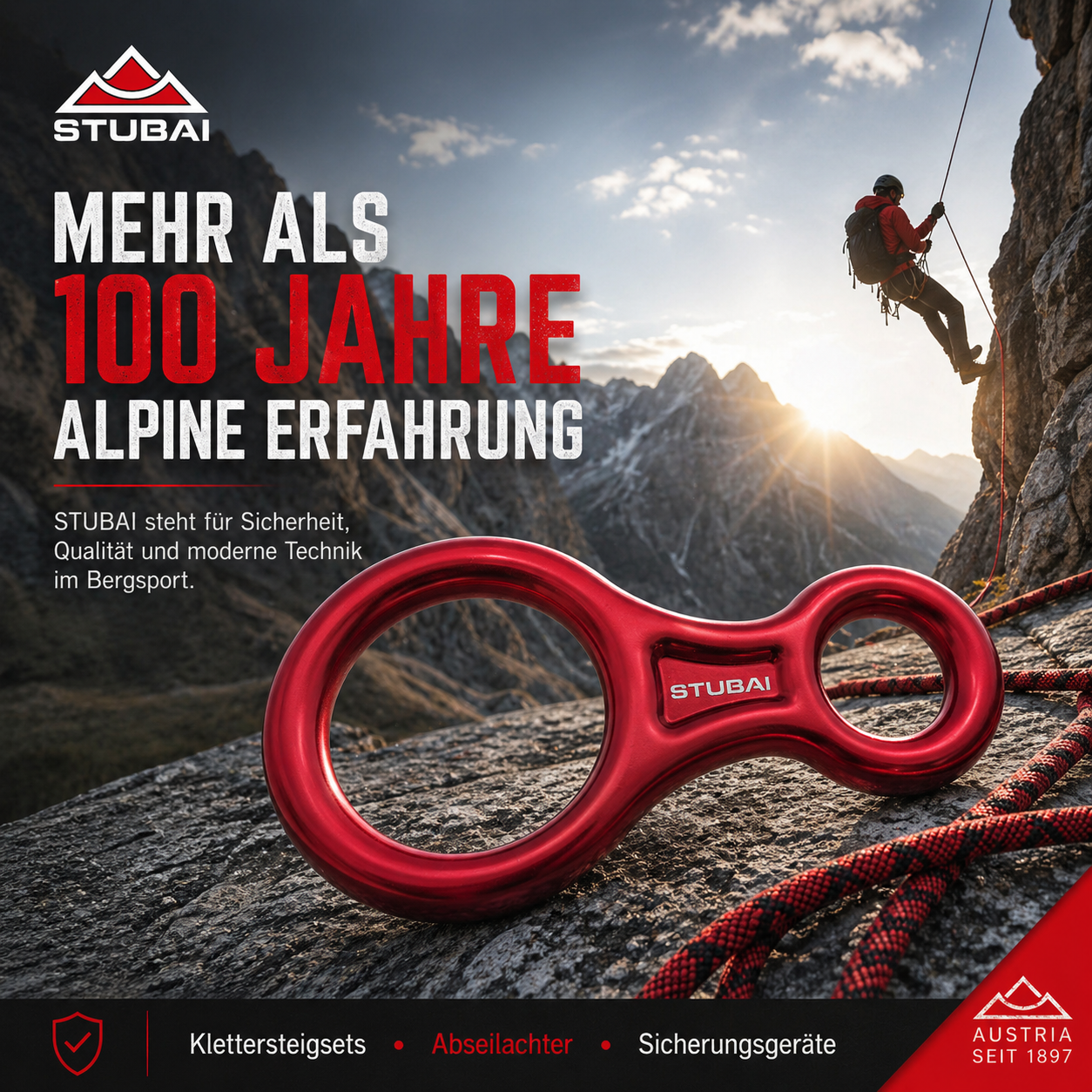 STUBAI Abseilachter groß – Sicherungsgerät aus Aluminium (109 g, 30 kN) – für Klettern, Bergsteigen, Canyoning, Höhenarbeit & Rettung – EN 15151-2 zertifiziert – rot eloxier