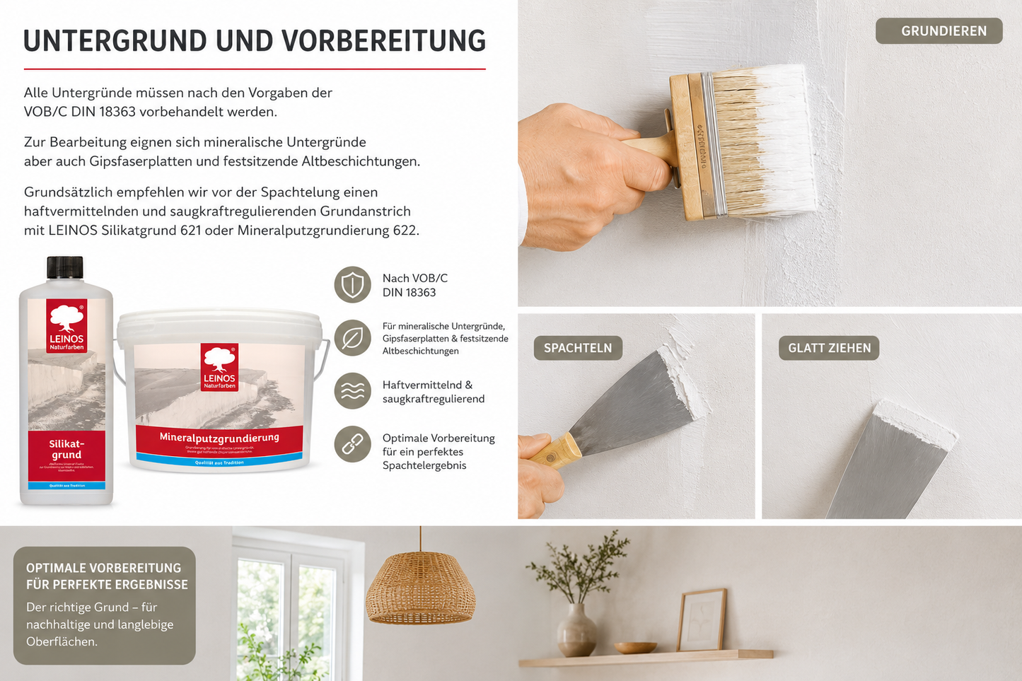 LEINOS Kalk-Universalspachtel 683, weiß – Mineralische Spachtelmasse für Wand & Decke innen, atmungsaktiv, schimmelhemmend, lösemittelfrei, glättbar & strukturierbar, auf Putz, Lehm, Gips – 10 kg