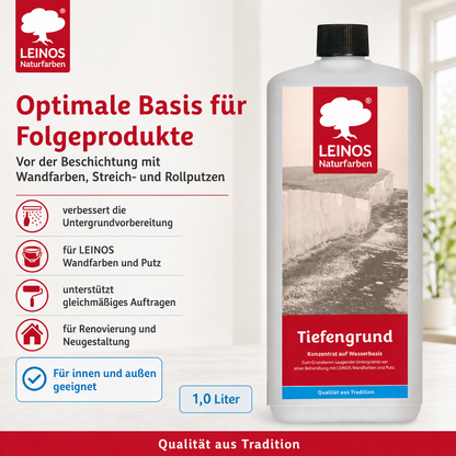 LEINOS Tiefengrund 620/ 1  Liter  – natürliche Grundierung für stark saugende Untergründe | Transparent, hoch dampfdurchlässig | Vorbereitung für Wandfarbe & Putz | 1L reicht für bis zu 25 m²