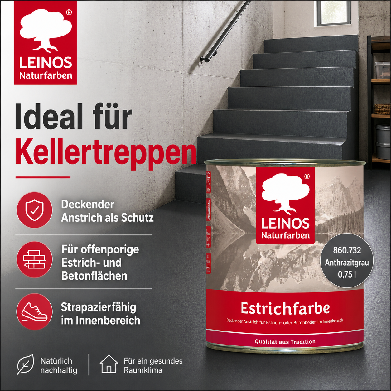 LEINOS Estrichfarbe 860 0,75L Anthrazitgrau– seidenglänzende Beton- & Estrichfarbe für Innen – strapazierfähig & deckend – für Keller, Treppen & Garagenböden – offenporiger Schutzanstrich