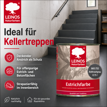 LEINOS Estrichfarbe 860 0,75L Anthrazitgrau– seidenglänzende Beton- & Estrichfarbe für Innen – strapazierfähig & deckend – für Keller, Treppen & Garagenböden – offenporiger Schutzanstrich