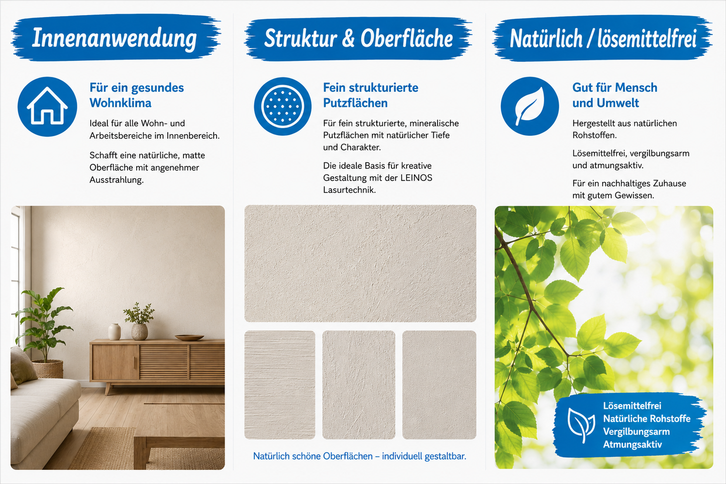 LEINOS Streich- und Rollputz fein 685, weiß – Feinkörniger Putz für Innen, atmungsaktiv, lösemittelfrei, schadstofffrei, gebrauchsfertig, strukturierbar, auf Putz, Gips, Lehm, Altanstrich – 10 L