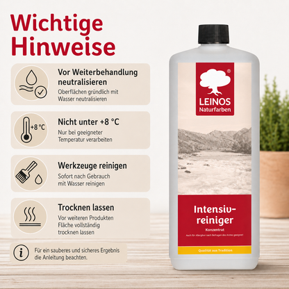 LEINOS Intensivreiniger 0,5 Liter – kraftvoller Holzreiniger für innen & außen – entfernt Schmutz, Algen & Pilze – für Terrassen, Zäune, Stein & Holz – hochkonzentriert & ergiebig