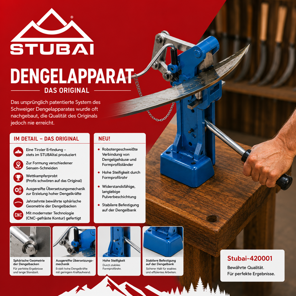 STUBAI Dengelapparat für Handbetrieb Original Sensendengelmaschine aus Tirol, professionelle Dengelmaschine für Sensen, robuste Stahlkonstruktion, präzise Dengelbacken, bewährte Qualität