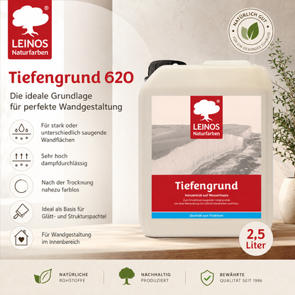 LEINOS Tiefengrund 620/ 2,5 Liter  – natürliche Grundierung für stark saugende Untergründe | Transparent, hoch dampfdurchlässig | Vorbereitung für Wandfarbe & Putz | 1L reicht für bis zu 25 m²