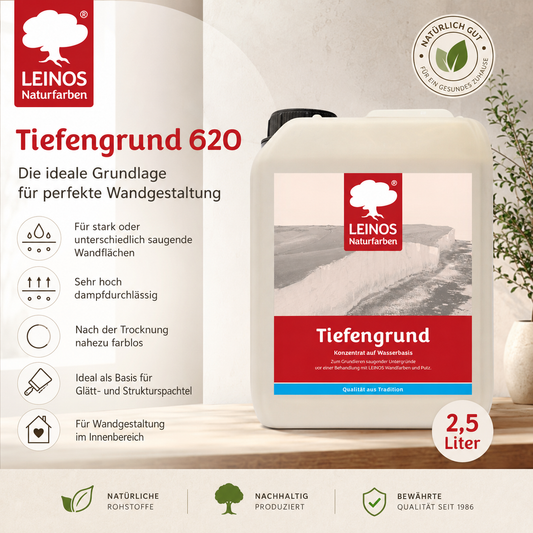 LEINOS Tiefengrund 620/ 2,5 Liter  – natürliche Grundierung für stark saugende Untergründe | Transparent, hoch dampfdurchlässig | Vorbereitung für Wandfarbe & Putz | 1L reicht für bis zu 25 m²