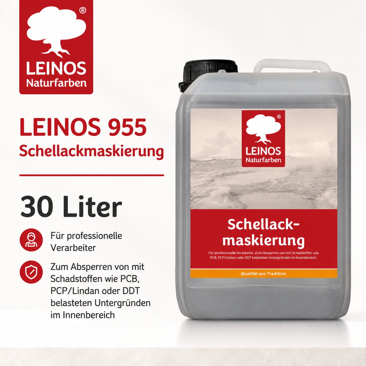 LEINOS 955 Schellackmaskierung 30,0 l | Zum Absperren von mit Schadstoffen wie PCB, PCP/Lindan oder DDT belasteten Untergründen. Nur im Innenbereich