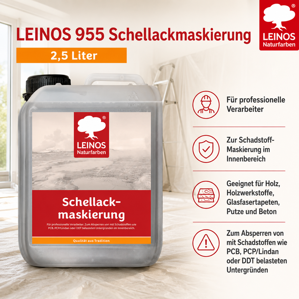 LEINOS 955 Schellackmaskierung 2,50 l | Zum Absperren von mit Schadstoffen wie PCB, PCP/Lindan oder DDT belasteten Untergründen. Nur im Innenbereich