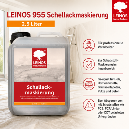 LEINOS 955 Schellackmaskierung 2,50 l | Zum Absperren von mit Schadstoffen wie PCB, PCP/Lindan oder DDT belasteten Untergründen. Nur im Innenbereich