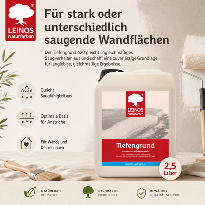 LEINOS Tiefengrund 620/ 2,5 Liter  – natürliche Grundierung für stark saugende Untergründe | Transparent, hoch dampfdurchlässig | Vorbereitung für Wandfarbe & Putz | 1L reicht für bis zu 25 m²