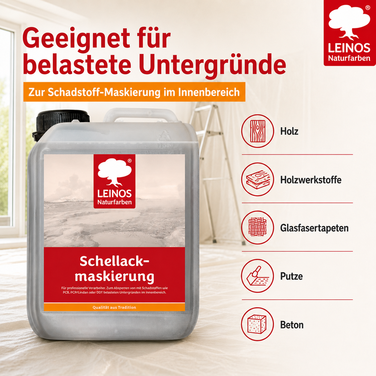 LEINOS 955 Schellackmaskierung 2,50 l | Zum Absperren von mit Schadstoffen wie PCB, PCP/Lindan oder DDT belasteten Untergründen. Nur im Innenbereich