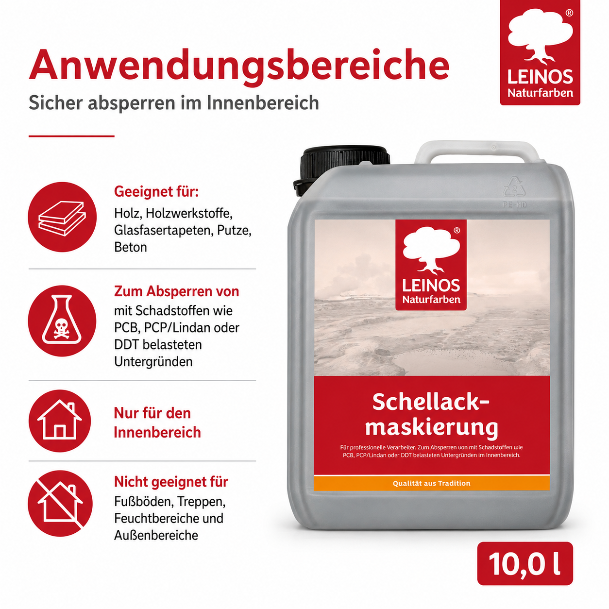 LEINOS 955 Schellackmaskierung 10,0 l | Zum Absperren von mit Schadstoffen wie PCB, PCP/Lindan oder DDT belasteten Untergründen. Nur im Innenbereich