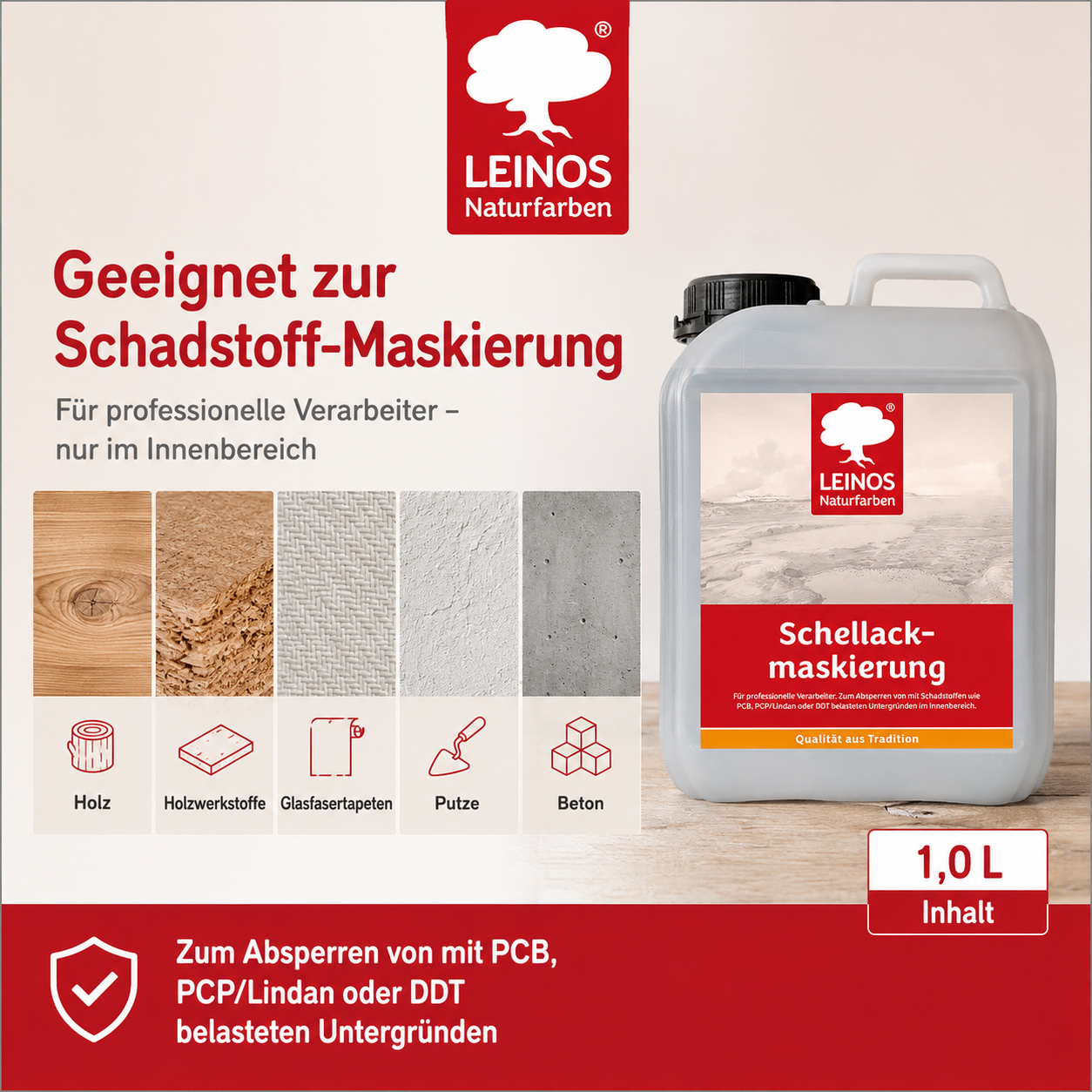 LEINOS 955 Schellackmaskierung 1,0 l | Zum Absperren von mit Schadstoffen wie PCB, PCP/Lindan oder DDT belasteten Untergründen. Nur im Innenbereich