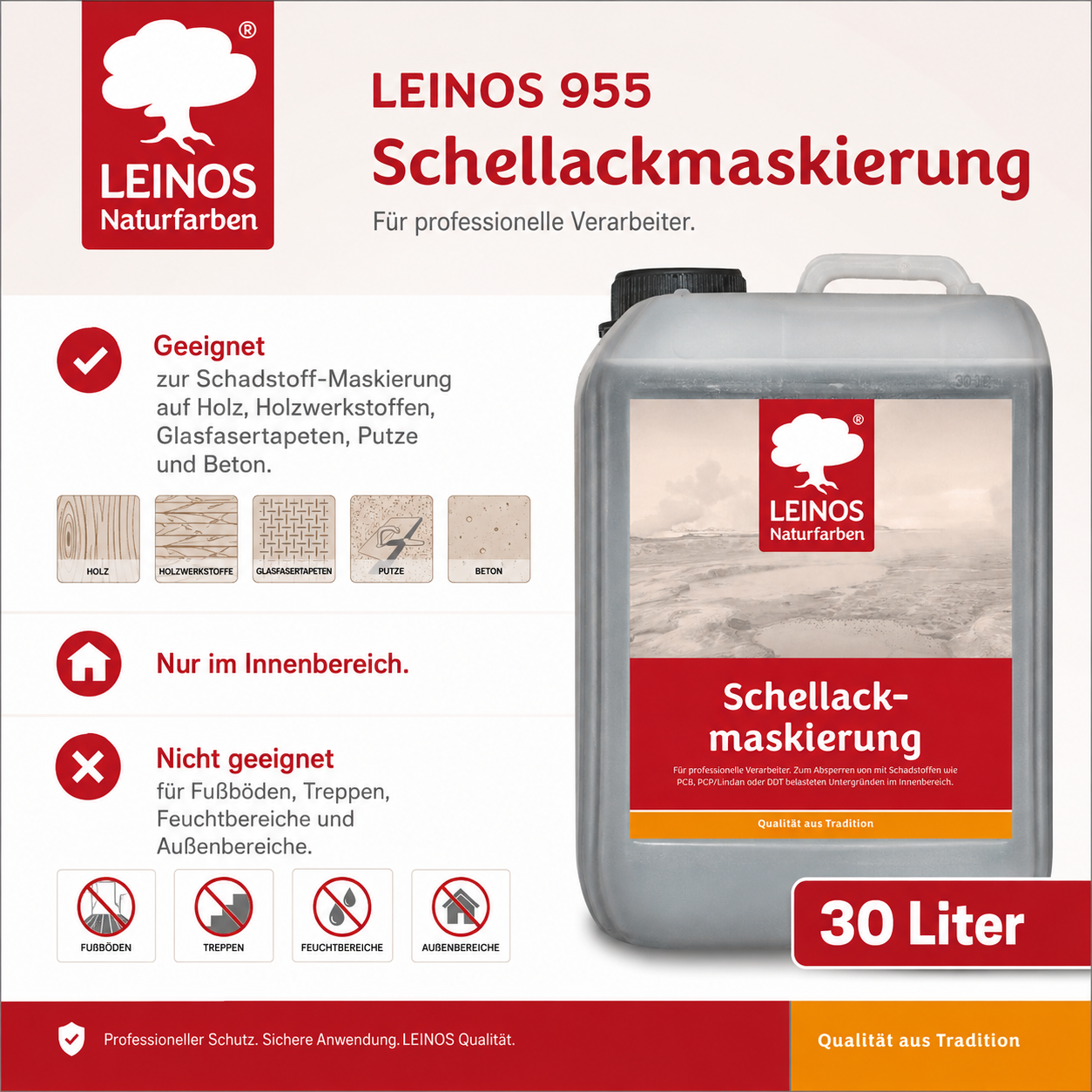 LEINOS 955 Schellackmaskierung 30,0 l | Zum Absperren von mit Schadstoffen wie PCB, PCP/Lindan oder DDT belasteten Untergründen. Nur im Innenbereich