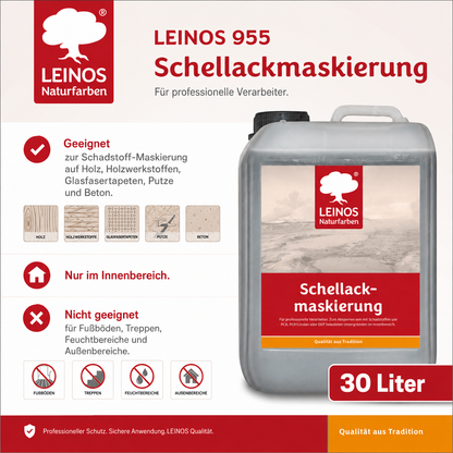 LEINOS 955 Schellackmaskierung 30,0 l | Zum Absperren von mit Schadstoffen wie PCB, PCP/Lindan oder DDT belasteten Untergründen. Nur im Innenbereich