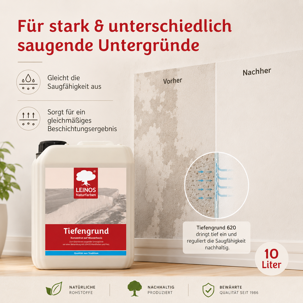 LEINOS Tiefengrund 620 10 Liter  – natürliche Grundierung für stark saugende Untergründe | Transparent, hoch dampfdurchlässig | Vorbereitung für Wandfarbe & Putz | 1L reicht für bis zu 25 m²