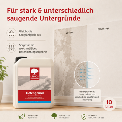 LEINOS Tiefengrund 620 10 Liter  – natürliche Grundierung für stark saugende Untergründe | Transparent, hoch dampfdurchlässig | Vorbereitung für Wandfarbe & Putz | 1L reicht für bis zu 25 m²