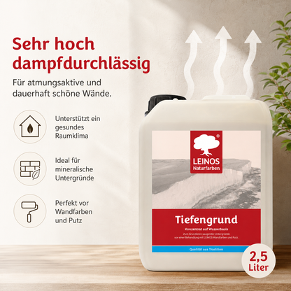 LEINOS Tiefengrund 620/ 2,5 Liter  – natürliche Grundierung für stark saugende Untergründe | Transparent, hoch dampfdurchlässig | Vorbereitung für Wandfarbe & Putz | 1L reicht für bis zu 25 m²