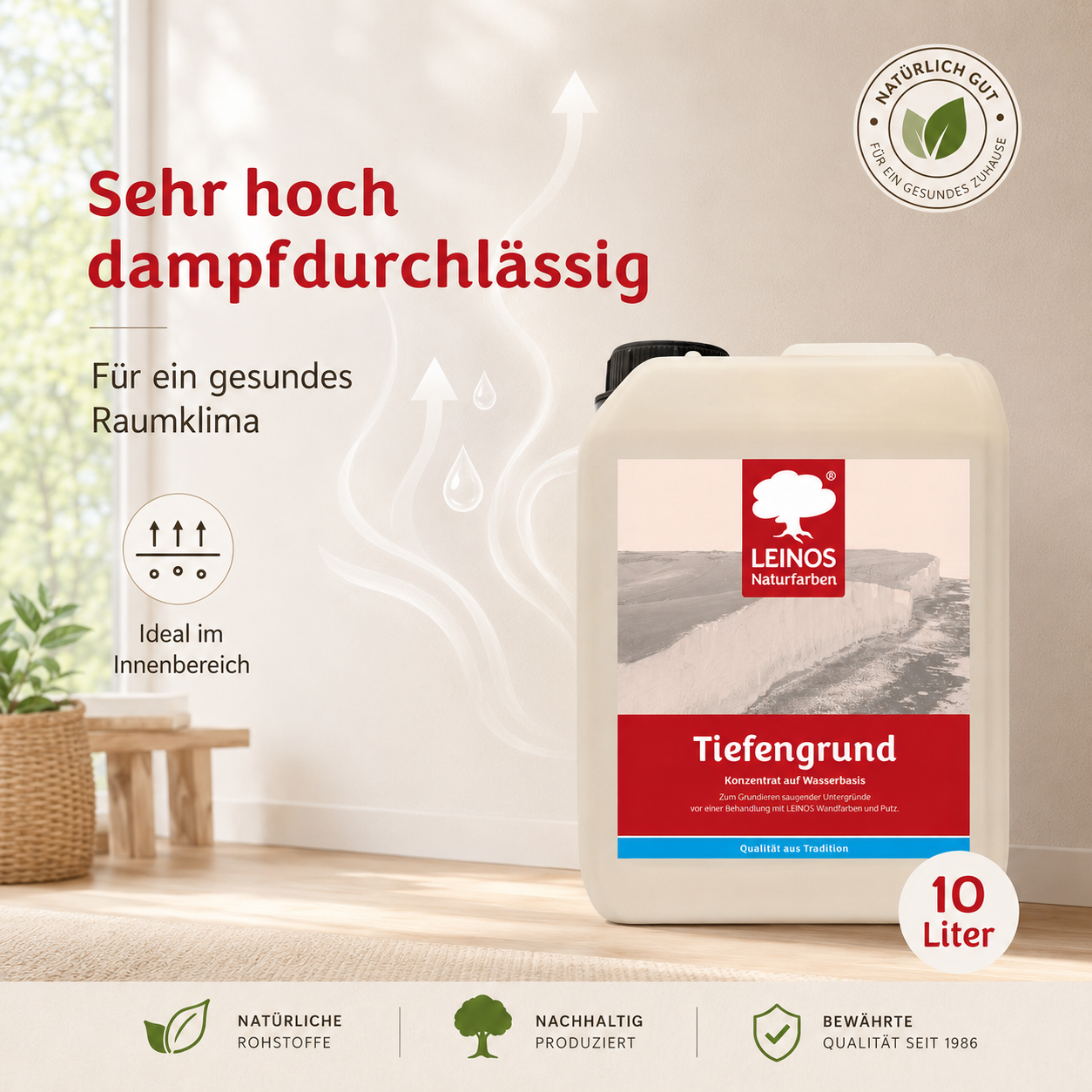 LEINOS Tiefengrund 620 10 Liter  – natürliche Grundierung für stark saugende Untergründe | Transparent, hoch dampfdurchlässig | Vorbereitung für Wandfarbe & Putz | 1L reicht für bis zu 25 m²
