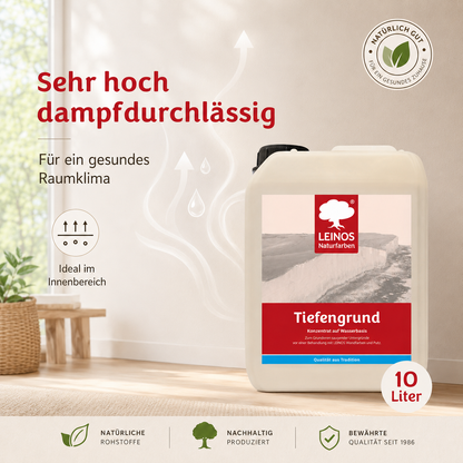 LEINOS Tiefengrund 620 10 Liter  – natürliche Grundierung für stark saugende Untergründe | Transparent, hoch dampfdurchlässig | Vorbereitung für Wandfarbe & Putz | 1L reicht für bis zu 25 m²