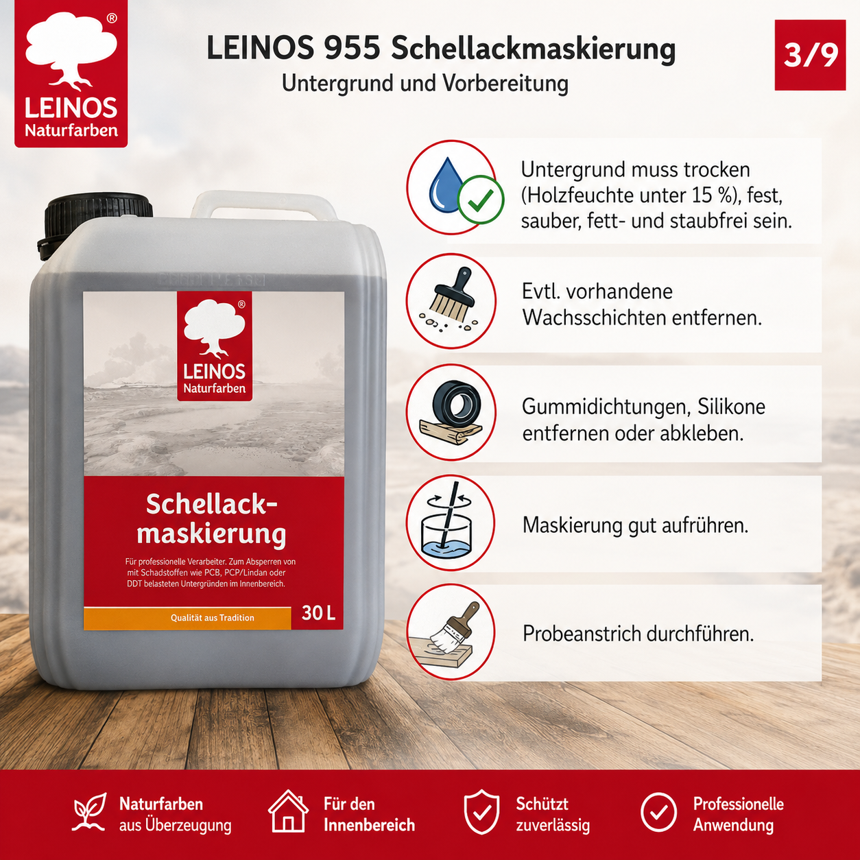 LEINOS 955 Schellackmaskierung 30,0 l | Zum Absperren von mit Schadstoffen wie PCB, PCP/Lindan oder DDT belasteten Untergründen. Nur im Innenbereich