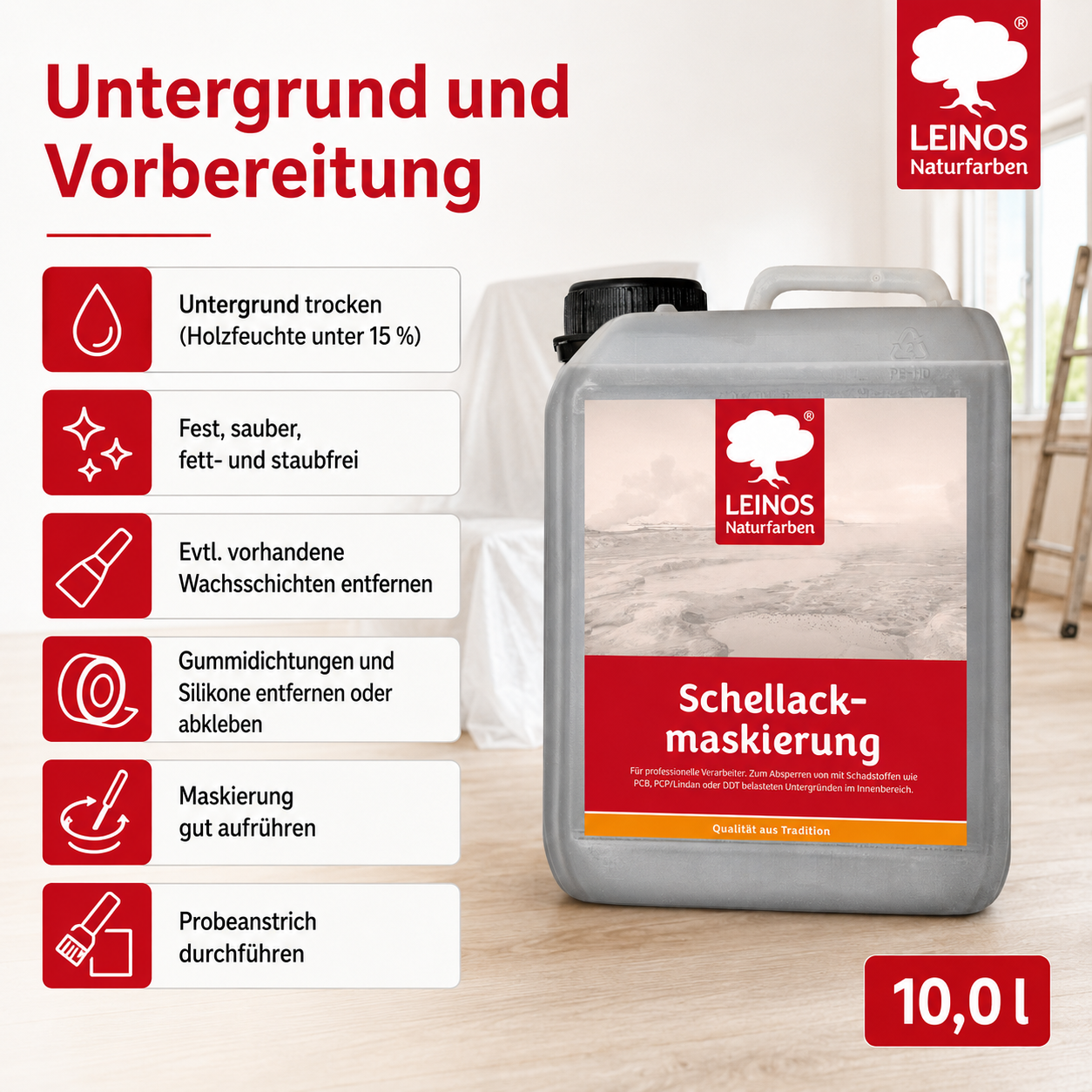 LEINOS 955 Schellackmaskierung 10,0 l | Zum Absperren von mit Schadstoffen wie PCB, PCP/Lindan oder DDT belasteten Untergründen. Nur im Innenbereich