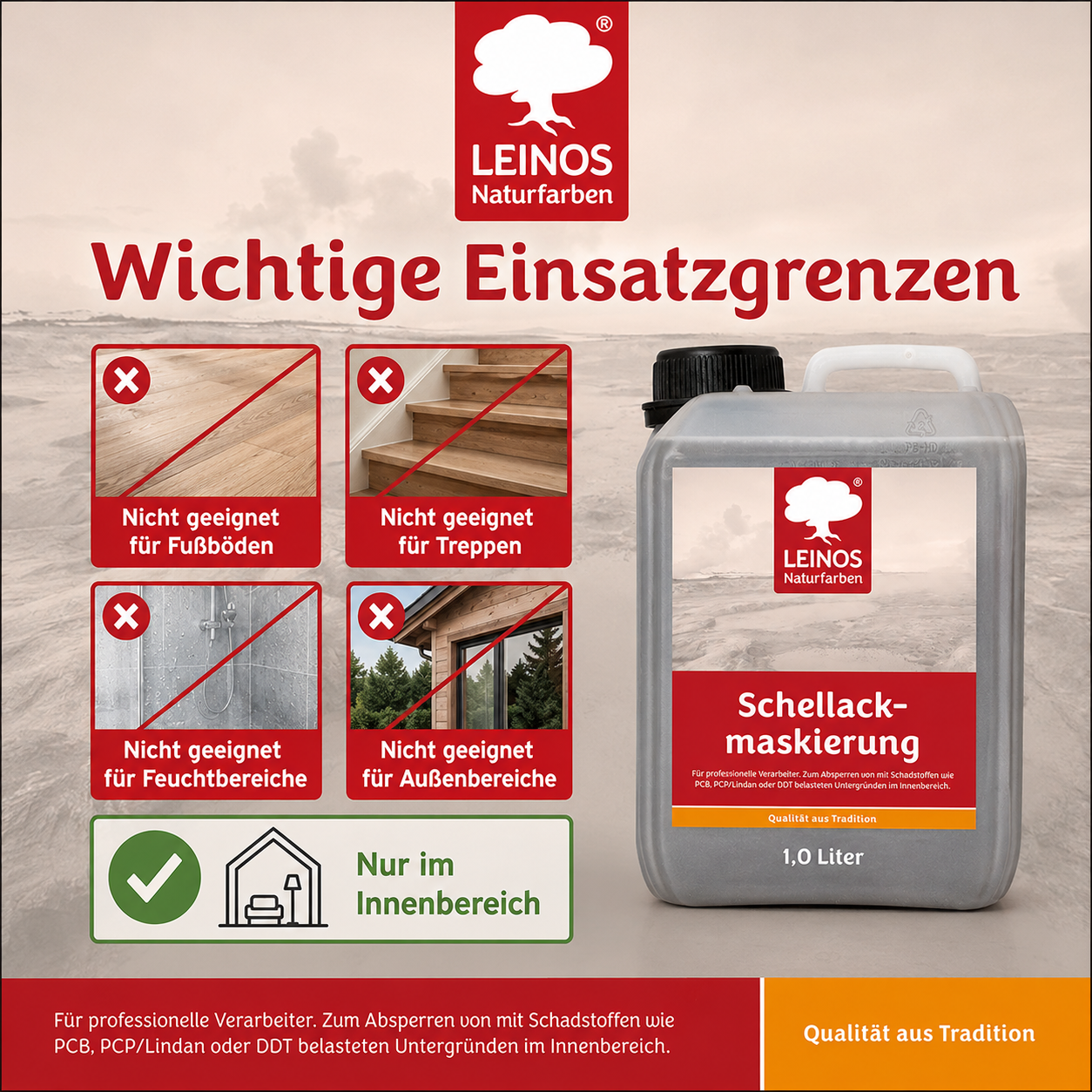 LEINOS 955 Schellackmaskierung 1,0 l | Zum Absperren von mit Schadstoffen wie PCB, PCP/Lindan oder DDT belasteten Untergründen. Nur im Innenbereich