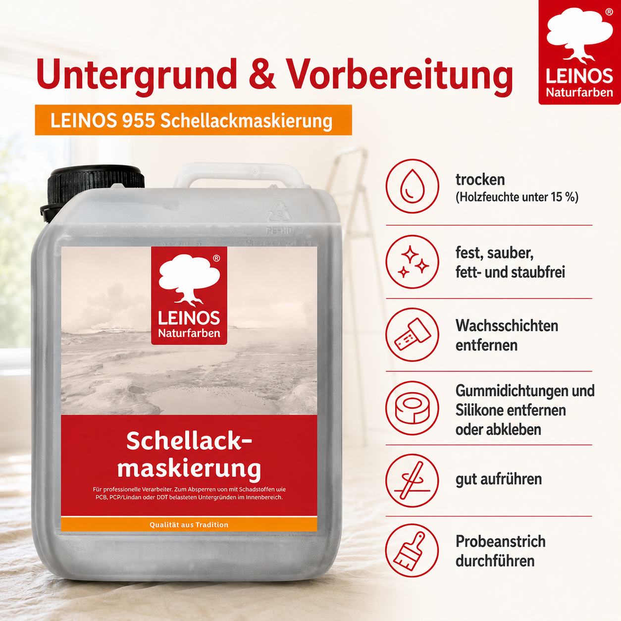 LEINOS 955 Schellackmaskierung 2,50 l | Zum Absperren von mit Schadstoffen wie PCB, PCP/Lindan oder DDT belasteten Untergründen. Nur im Innenbereich