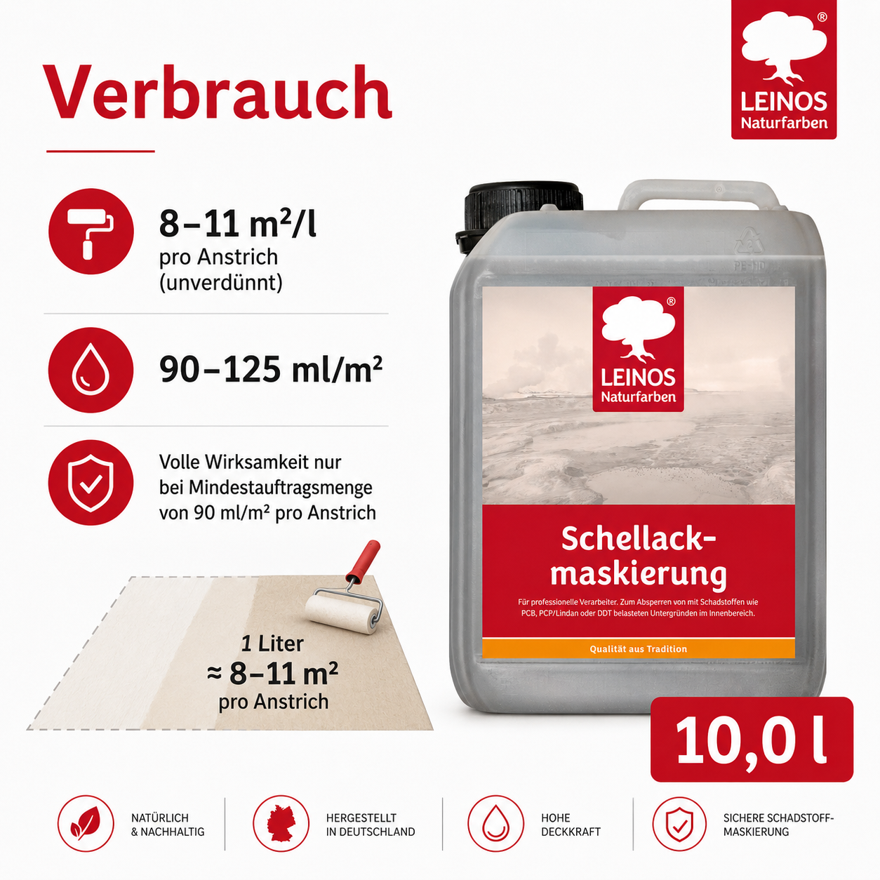 LEINOS 955 Schellackmaskierung 10,0 l | Zum Absperren von mit Schadstoffen wie PCB, PCP/Lindan oder DDT belasteten Untergründen. Nur im Innenbereich