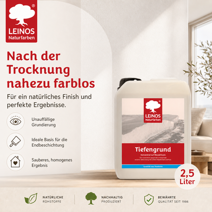 LEINOS Tiefengrund 620/ 2,5 Liter  – natürliche Grundierung für stark saugende Untergründe | Transparent, hoch dampfdurchlässig | Vorbereitung für Wandfarbe & Putz | 1L reicht für bis zu 25 m²