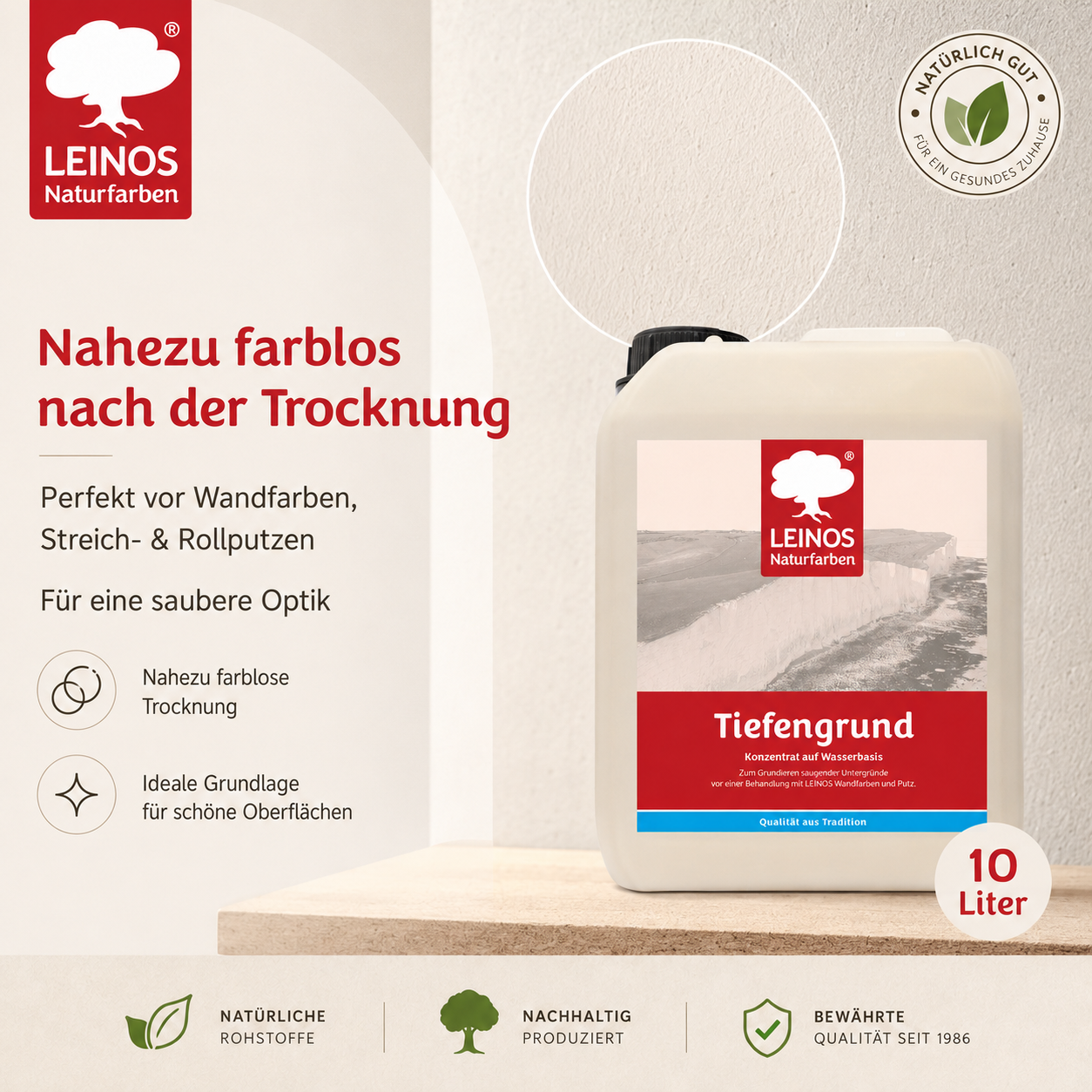 LEINOS Tiefengrund 620 10 Liter  – natürliche Grundierung für stark saugende Untergründe | Transparent, hoch dampfdurchlässig | Vorbereitung für Wandfarbe & Putz | 1L reicht für bis zu 25 m²