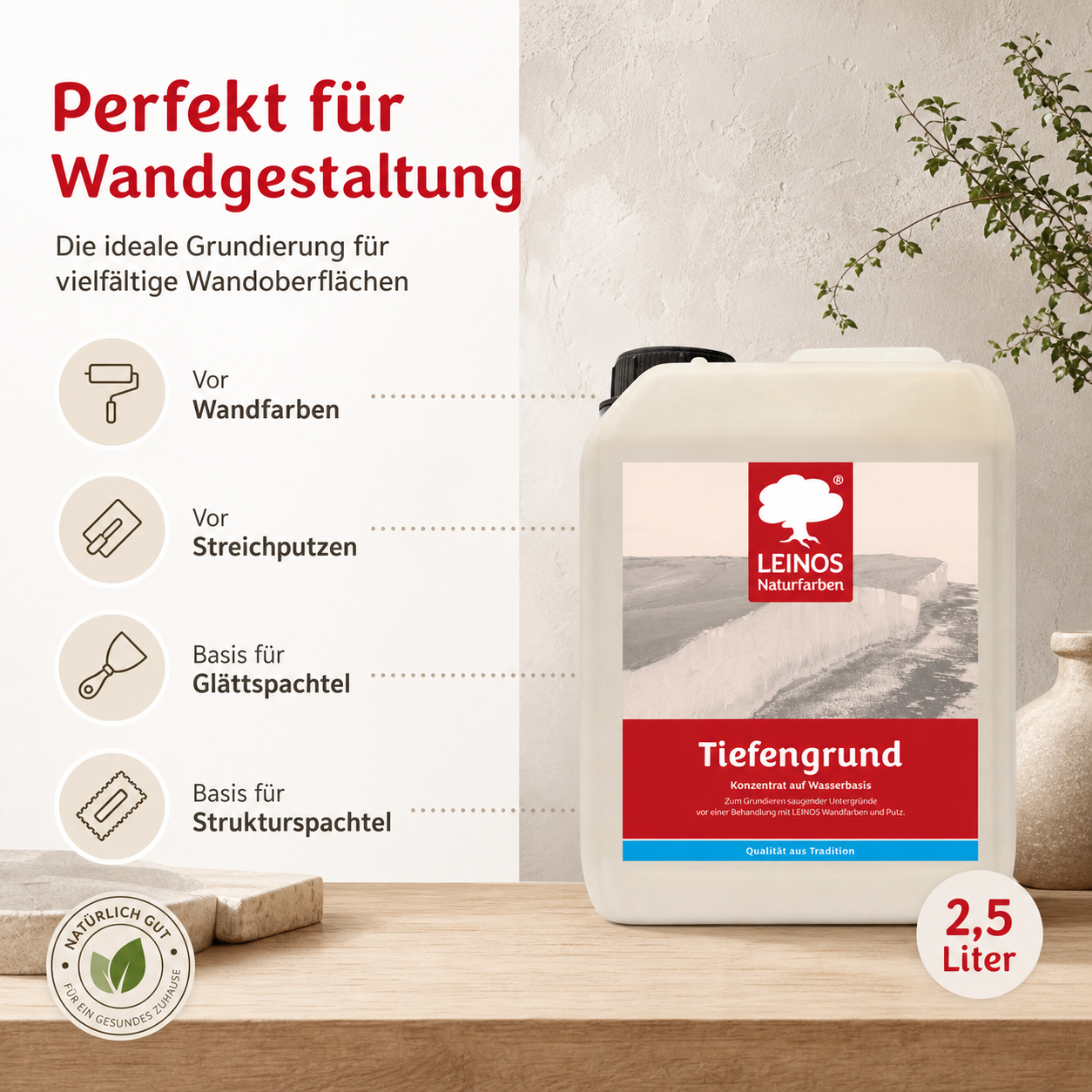 LEINOS Tiefengrund 620/ 2,5 Liter  – natürliche Grundierung für stark saugende Untergründe | Transparent, hoch dampfdurchlässig | Vorbereitung für Wandfarbe & Putz | 1L reicht für bis zu 25 m²