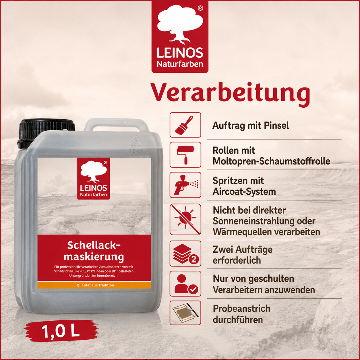 LEINOS 955 Schellackmaskierung 1,0 l | Zum Absperren von mit Schadstoffen wie PCB, PCP/Lindan oder DDT belasteten Untergründen. Nur im Innenbereich