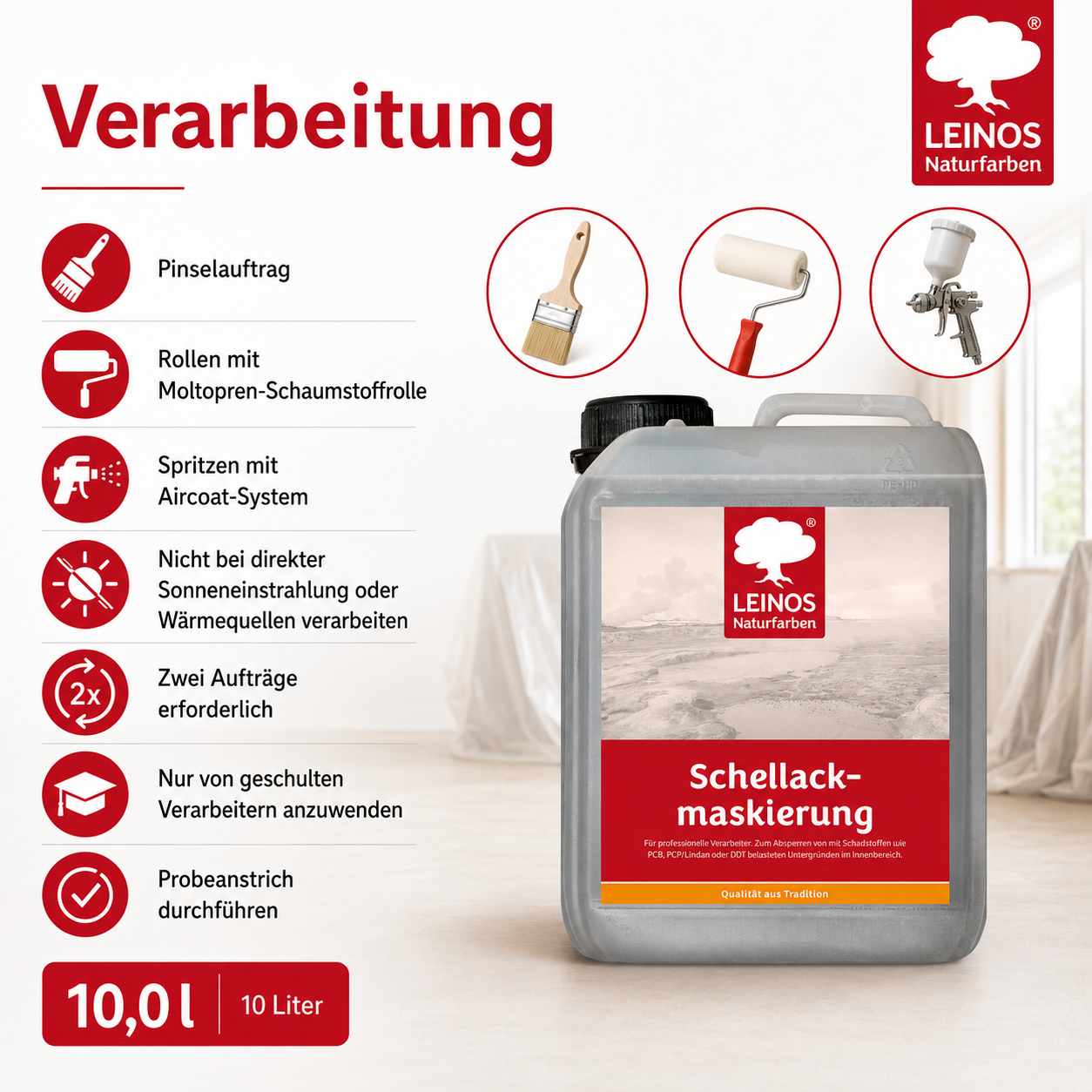 LEINOS 955 Schellackmaskierung 10,0 l | Zum Absperren von mit Schadstoffen wie PCB, PCP/Lindan oder DDT belasteten Untergründen. Nur im Innenbereich