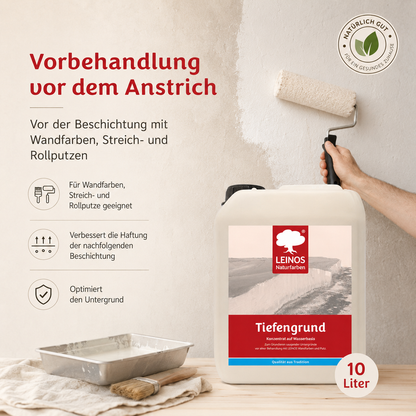 LEINOS Tiefengrund 620 10 Liter  – natürliche Grundierung für stark saugende Untergründe | Transparent, hoch dampfdurchlässig | Vorbereitung für Wandfarbe & Putz | 1L reicht für bis zu 25 m²