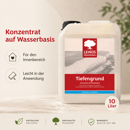 LEINOS Tiefengrund 620 10 Liter  – natürliche Grundierung für stark saugende Untergründe | Transparent, hoch dampfdurchlässig | Vorbereitung für Wandfarbe & Putz | 1L reicht für bis zu 25 m²