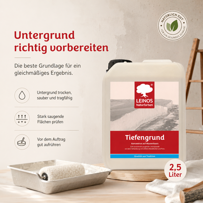 LEINOS Tiefengrund 620/ 2,5 Liter  – natürliche Grundierung für stark saugende Untergründe | Transparent, hoch dampfdurchlässig | Vorbereitung für Wandfarbe & Putz | 1L reicht für bis zu 25 m²