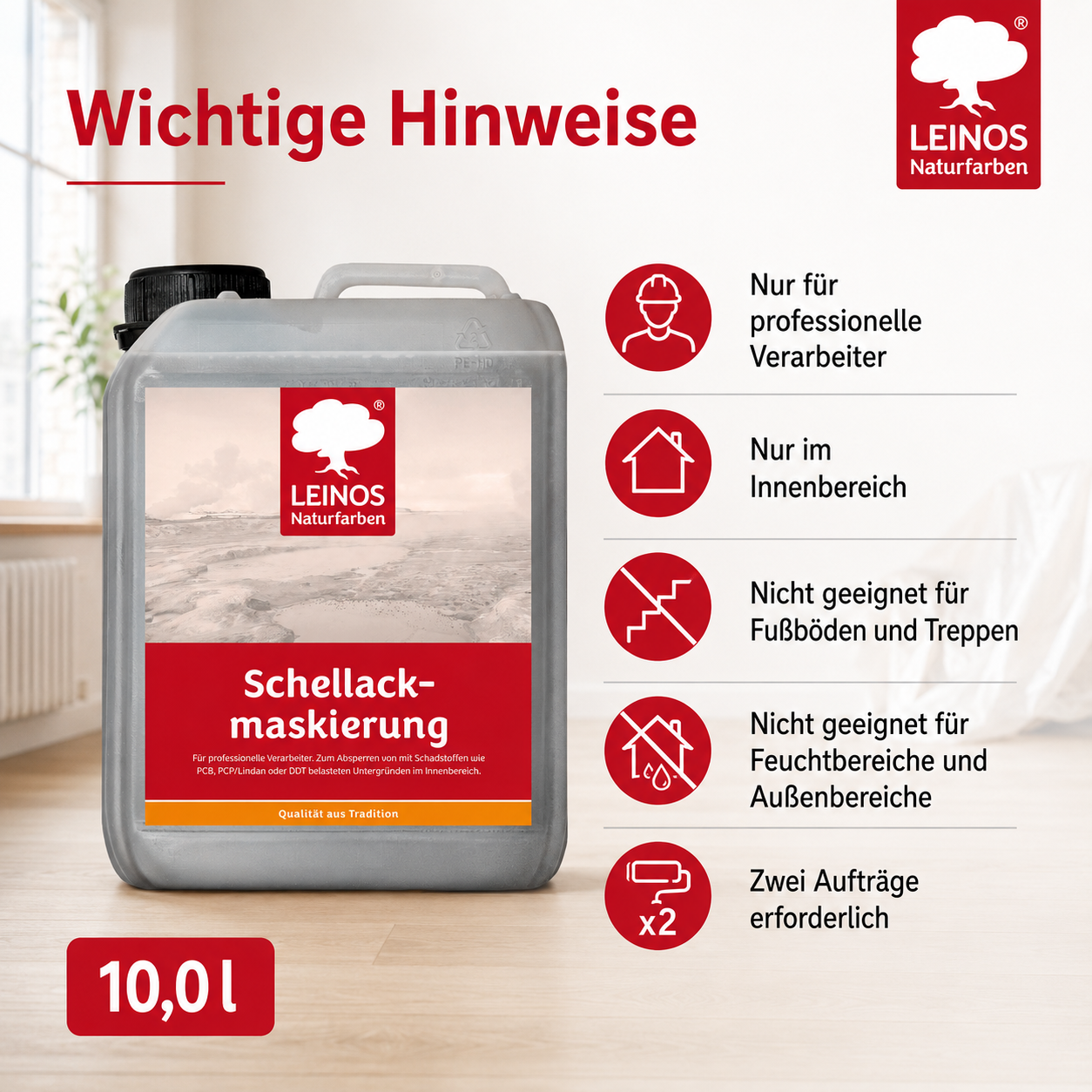 LEINOS 955 Schellackmaskierung 10,0 l | Zum Absperren von mit Schadstoffen wie PCB, PCP/Lindan oder DDT belasteten Untergründen. Nur im Innenbereich